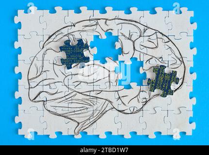 Künstliche Intelligenz, menschliches Gehirn auf Puzzleteilen, KI-Programme und Datenverarbeitung unterstützen menschliche Kreativität und Problemlösung oder die OP Stockfoto