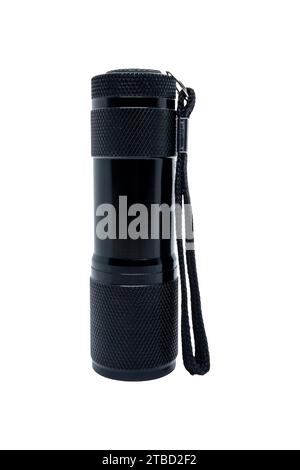 Schwarze Taschenlampe, Nahaufnahme. Isoliert auf weißem Hintergrund mit Beschneidungspfad Stockfoto