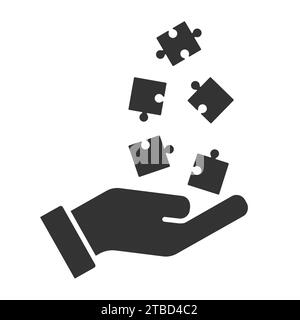 Puzzleteile auf einer Hand. Puzzle auf einer Palme. Die Hand wirft ein Puzzle. Illustration des flachen Vektors Stock Vektor