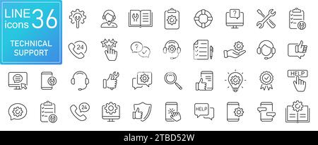 Zeilensymbole für technischen Support gesetzt. Moderne Umrisselemente, grafische Designkonzepte, einfache Symbolsammlung. Symbole für Vektorlinien Stock Vektor