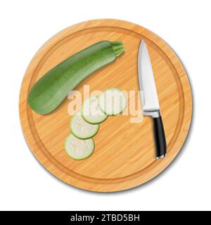 Schneiden von roher Zucchini auf einem Schneidebrett in dünne Scheiben, isoliert auf weißem Hintergrund. Kochen von frischem Gemüse. Geschnittene Zucchini auf Holz Stock Vektor