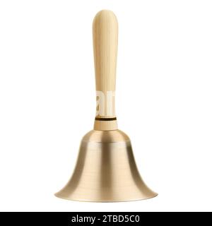 Bronze- oder goldene Handglocke mit Holzgriff isoliert auf weißem Hintergrund. Die Vintage-Handglocke aus Kupfer. Realistische 3D-Vektordarstellung Stock Vektor