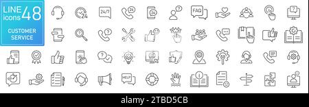 Kundendienst und Support – Gliederungssymbolgruppe. Der dünne Liniensatz enthält Symbole wie Online-Hilfe, Hilfe, Erfahrung, Feedback, Bediener und Techniker Stock Vektor