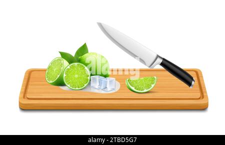 Ganz und in Scheiben geschnittener Kalk auf rechteckigem Schneidebrett, isoliert auf weißem Hintergrund. Die grün geschnittene saftige Limette auf Holzbuche Schneidebrett mit Messer Stock Vektor