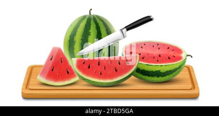 Schneidebrett mit reifer Wassermelone, isoliert auf weißem Hintergrund. In Scheiben geschnittene leckere ganze und geschnittene Wassermelone auf rechteckigem Holzschneidebrett mit KI Stock Vektor