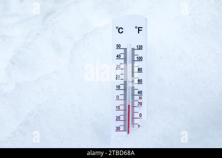 Thermometer mit celsius- und Farenheitsskala in einem Schnee, das niedrige Wintertemperaturen anzeigt Stockfoto