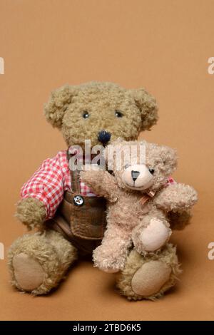 Zwei Teddybären sitzen vor braunem Hintergrund, Teddy Stockfoto