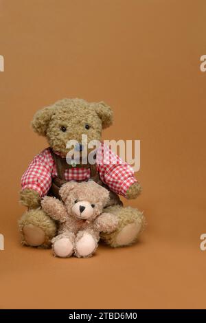 Zwei Teddybären sitzen vor braunem Hintergrund, Teddy Stockfoto