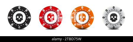 Ein Set farbenfroher Poker-Chips mit einem Schädelschild darauf. Casino Chips mit Todessymbol. Illustration des flachen Vektors Stock Vektor
