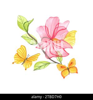 Magnolienzweig mit rosa Blüte. Transparente Frühlingsblühpflanze. Gelbe Schmetterlinge flattern um die Pflanze. Blumenblätter, grüne junge Blätter. Stockfoto