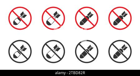 Luftbomben verbotene Symbole gesetzt. Hören Sie auf, Schilder zu bombardieren. Vektorabbildung Stock Vektor