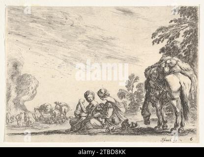 Platte 6: Zwei Frauen, eine ein Kind stillend, neben einem Hund und einem Pferd mit Rudel, Pferde und Figuren links im Hintergrund, aus 'verschiedenen Figuren' (angenehme Diversite de Figures) 2012 von Stefano della Bella Stockfoto