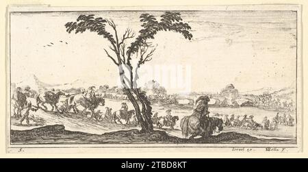 Platte 5: Eine Prozession von Reitern, die einen Fluss überqueren, einen Baum in der Mitte, von 'Truppen, Kanonen und Angriffen auf Städte' (Dessins de quelques conduites de Trupes, canons, et ataques de villes) 2012 von Stefano della Bella Stockfoto