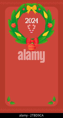 Rote Weihnachtsgeschichten in sozialen Medien mit Weihnachtskranz 2024. Stock Vektor