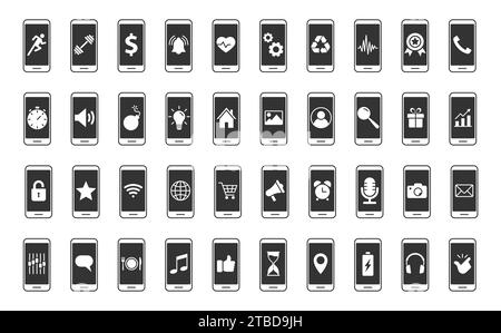 Set von Smartphone-Symbolen mit anderen Zeichen. Sammlung mobiler Anwendungen. Vektorabbildung Stock Vektor