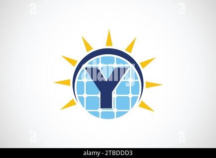 Englisches Alphabet mit Sonnenkollektor und Sonnenschild. Sonnenenergie-Logo-Vektor-Illustration Stock Vektor