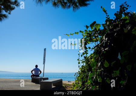 Mann auf der Bank am will Rogers State Beach Stockfoto
