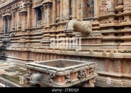 Design des Wasserauslasses aus der inneren Kammer des Thanjavur Big Temple (auch Thanjai Periya Kovil in tamilischer Sprache genannt). Stockfoto