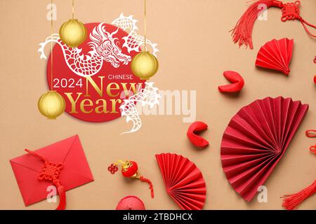 Schöne Grußkarte für ein glückliches chinesisches Neujahr 2024 Stockfoto