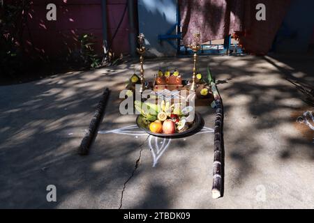 Traditionelles thailändisches Pongal Festival zum Sonnengott mit sakkara oder süßem Pongal, Topf, Lampe, Holzofen und Zuckerrohr Stockfoto