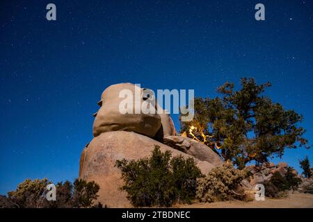 Das Cosmic Castle in Garth's Boulder Garden, aufgenommen während einer klaren Nacht in der Mojave-Wüste. Stockfoto