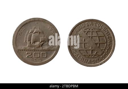 Brasilianische 200 réis-Münze aus dem Jahr 1932 aus Kupfer und Nickel. IV. Hundertjahrfeier der Kolonisierung Brasiliens. 1532-1932. Vincentian-Serie. Stockfoto