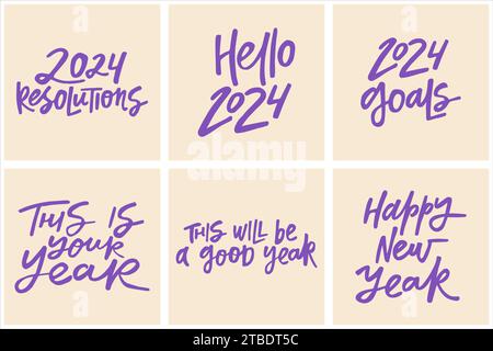 Handschriftliche Zitate über das neue Jahr 2024. Kreative Kalligrafie für Poster, Grußkarten usw. Stock Vektor