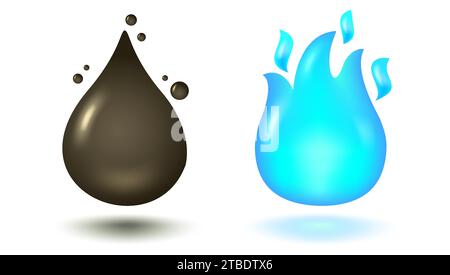 Vektordarstellung von Öltropfen und Gasbrand im 3D-Stil. Vektorsymbol von Öltropfen und blauem Feuer in realistischem Stil. Stock Vektor