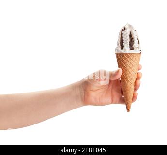 Eiskegel im Handweg isoliert auf weiß Stockfoto