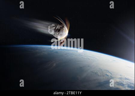 Erdplanet und Asteroid im Weltraum. Meteorit im Weltraum in der Nähe des Planeten Erde. Elemente dieses Bildes, bereitgestellt von der NASA. Stockfoto