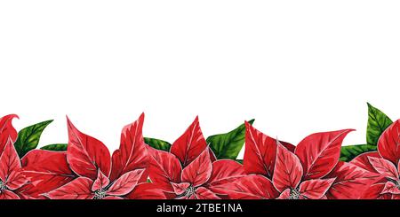 Nahtlose Weihnachtsgrenze mit Weihnachtsstern, handgemalte Aquarellillustration isoliert auf weiß. Blumenillustration zu Weihnachten. Stockfoto