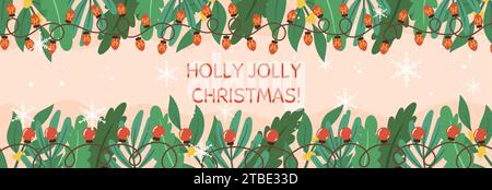 Vorlage für horizontales Weihnachtsbanner mit Kopierraum. Horizontaler Flyer mit Fichtenpflanzen, Zweigen, Lichtergirlande, Schnee und Schneeflocken dekoriert Stock Vektor