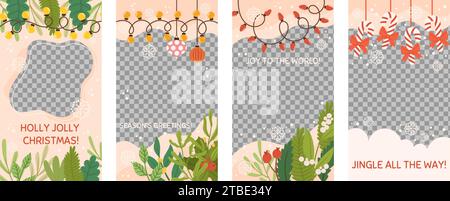 Vorlage für weihnachtsgeschichten in sozialen Medien mit Kopierbereich und transparentem Fotobereich. Vertikales Banner mit Fichtenzweigen, Baumspielzeug, hellem Girlanden, Zuckerrohr und roter Schleife Stock Vektor