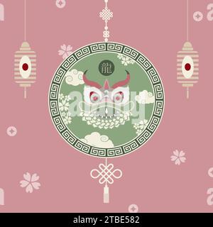 Chinesisches Neujahr 2024, modernes Kunstdesign für Karte, Poster, Banner. Chinesisches Sternzeichen des Drachen. Übersetzung aus dem Chinesischen - Happy New Year and Stock Vektor