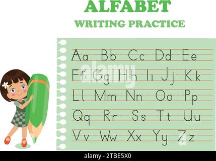 Arbeitsblatt zur Nachverfolgung von Buchstaben mit allen Buchstaben. Grundlegende Schreibpraxis für Kindergartenkinder Stock Vektor