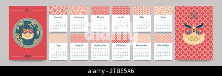 Kalendervorlage für 2024. Vertikales Design im chinesischen Stil. Traditionelle Muster. Bearbeitbare A4-Vorlage für Illustrationsseiten, 12-Monats-Satz mit Deckblättern. Stock Vektor