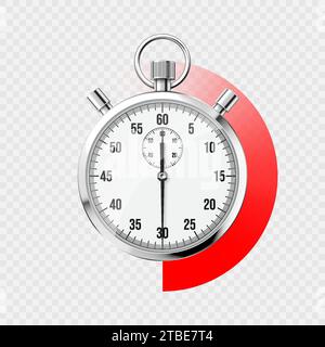 Realistische klassische Stoppuhr. Glänzendes Metall-Chronometer, Zeitzähler mit Skala. Roter Countdown-Timer zeigt Minuten und Sekunden an. Zeitmessung für Stock Vektor