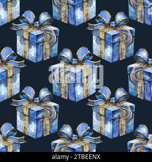 Nahtloses Aquarellmuster der weihnachtsgeschenkbox, nahtloses Muster. Weihnachtsgeschenke mit Aquarellen. Stockfoto
