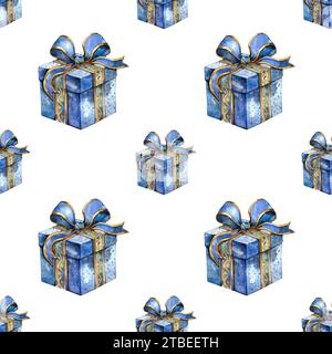 Nahtloses Aquarellmuster der weihnachtsgeschenkbox, nahtloses Muster. Weihnachtsgeschenke mit Aquarellen. Stockfoto