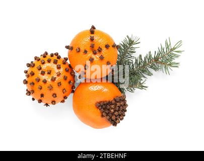 Pomanderkugeln und Weihnachtsbaumzweig auf weißem Hintergrund Stockfoto