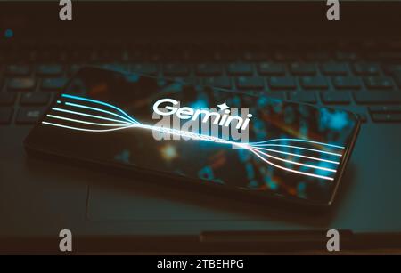 Brasilien. Dezember 2023. In dieser Abbildung wird das Google Gemini-Logo auf einem Smartphone-Bildschirm angezeigt. Das Tool wurde von Google als neues multimodales Modell der künstlichen Intelligenz (KI) eingeführt. (Foto von Rafael Henrique/SOPA Images/SIPA USA) *** ausschließlich für redaktionelle Nachrichten *** Credit: SIPA USA/Alamy Live News Stockfoto