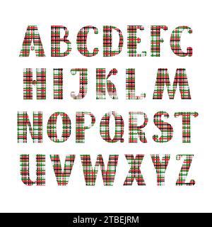 Großbuchstaben handgezeichnet englische Alphabetbuchstaben verziert mit rot, weiß, grün kariert Muster, Weihnachtskritzelstil Vektor Illustration, kalligraphisches abc, nette lustige Handschrift, Zeichentrickbeschriftung Stock Vektor