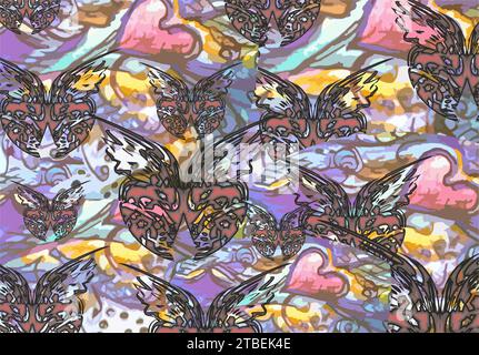 Wunderschöne handgezeichnete Kulisse mit rosafarbenen Herzen und Schmetterlingsflügeln für Textilien oder Drucke. Detaillierte Grunge-Kulisse für Business, Cover, Mode Stockfoto