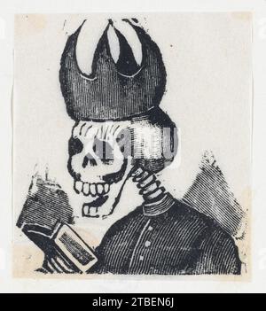 Ein Skelett mit Bischofsmitre, das ein Buch (Vignette für das Totenfest) 1930 von Jose Guadalupe Posada liest Stockfoto