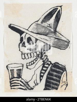 Ein Skelett mit Hut, das einen Drink (Vignette für das Totenfest) 1930 von Jose Guadalupe Posada trägt Stockfoto