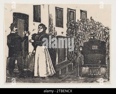 Ein bürgerliches Paar (Maria la chiquita) vor einem Haus mit einem wartenden Bus 1930 von Jose Guadalupe Posada Stockfoto