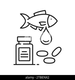 Fischöl und Vitamin-Omega-isoliertes Dünnliniensymbol. Vektor-Tropfen und Fisch-Logo, Behandlung Ernährung Hautpflege, Vitamin mit Protein Stock Vektor