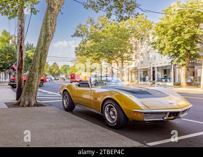 Eine Vintage-Korvette in Gold und Schwarz, die an der Hauptstraße geparkt wird Stockfoto
