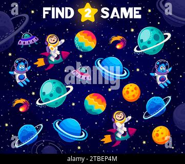 Finde zwei gleiche Weltraumplaneten, Astronauten und Aliens-Charaktere für Kinder-Quiz. Übereinstimmende Galaxie Objekte Vektor-Puzzle Arbeitsblatt mit niedlichen Cartoon Raumfahrer und marsianer Persönlichkeiten, UFO und Raumschiff Stock Vektor