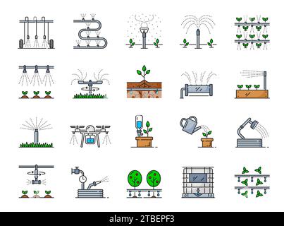 Symbole für das Tropfwasser-Bewässerungssystem. Garten- und Farmfeldsprinkler, Bewässerungstechnik. Garten-, Feld- und Gewächshaus Pflanze Tropfbewässerung, Landwirtschaft Aquaponik dünne Linie Vektor Piktogramme gesetzt Stock Vektor